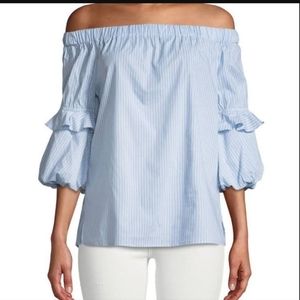 Michael Michael Kors L Off-The-Shoulder Striped Balloon-Sleeve Blouse White/Blue